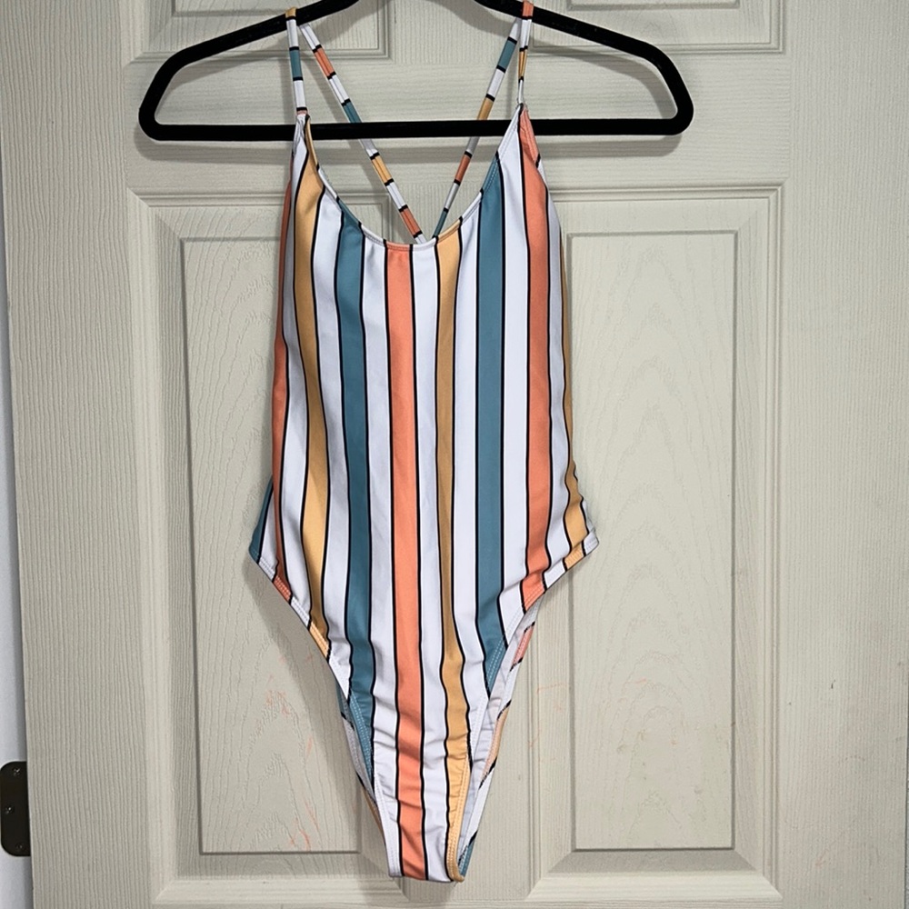 Shein one piece swimsuit stripes pastel size large